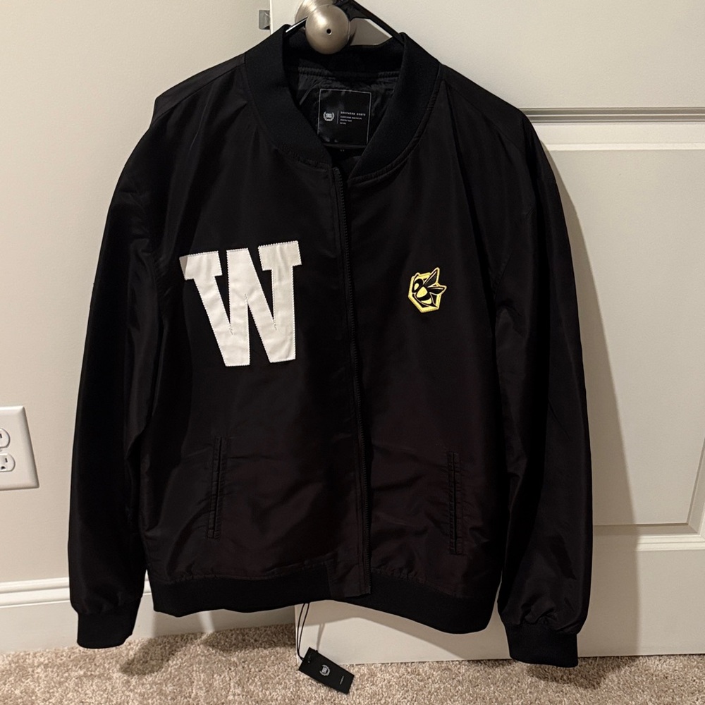 Black Bomber Jacket with White and Yellow Accents